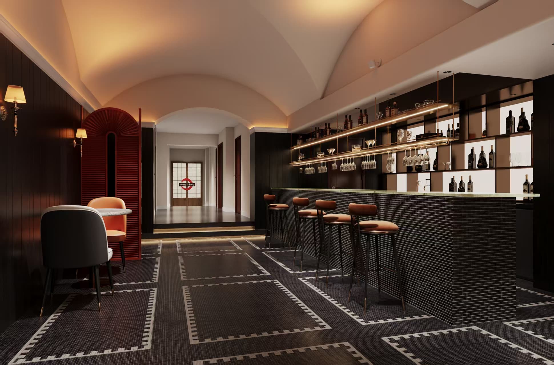 A wine tasting room with shelves and bottles