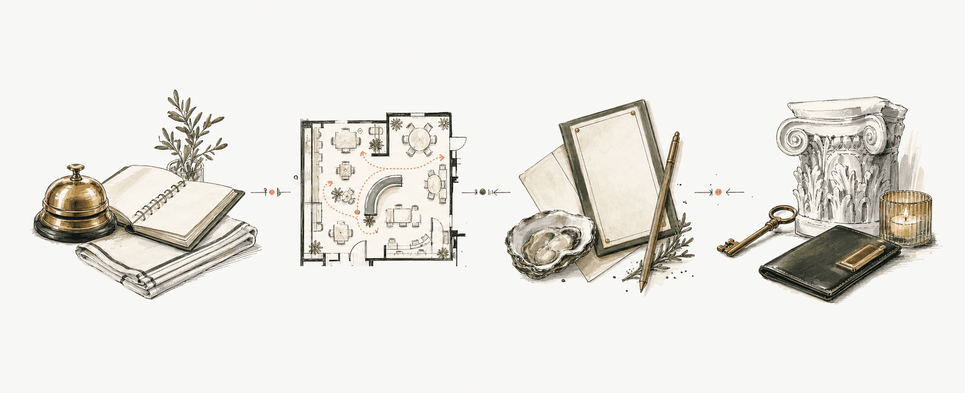 Legacy hospitality doodles showing a service bell, floorplan, menu card, oyster shell, marble detail, antique key, candle, and check presenter