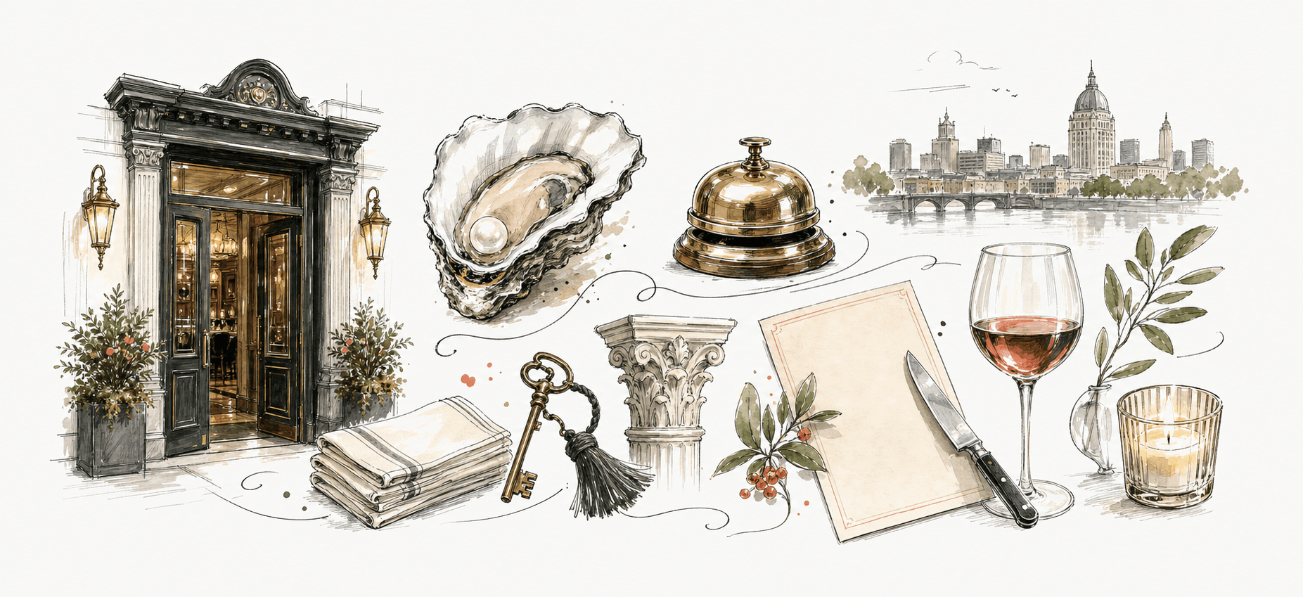 Legacy hospitality doodles showing a restaurant doorway, oyster shell, service bell, Albany skyline, linen, key, candle, and wine glass