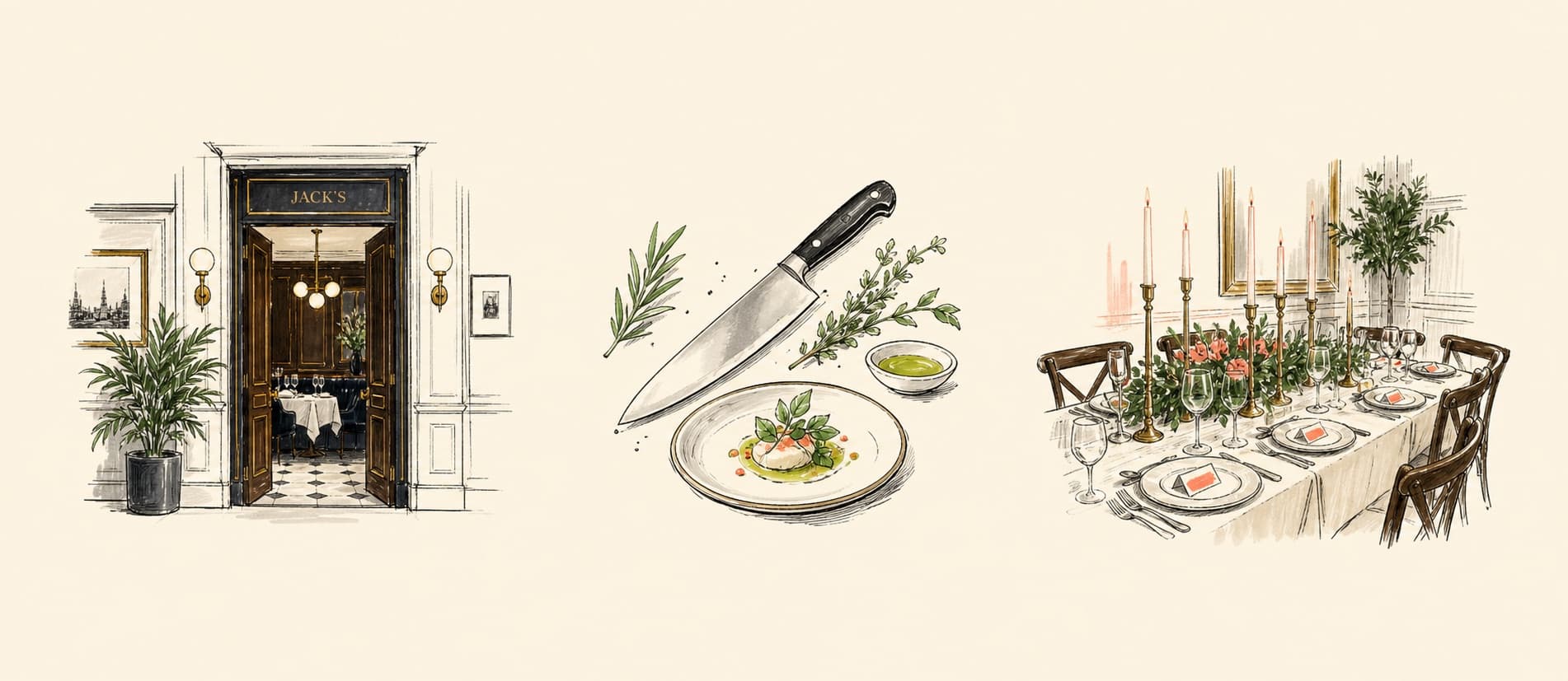 Hand-drawn NeoVista story illustrations showing Jack's, culinary craft, and private events